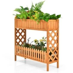 Tangkula Outdoor 2-Tier Wood Planter Raised Garden Bed Elevated Planter Box Kit W/Liner & Shelf For Backyard Patio -Garden & Outdoors GUEST 0075315d 8d09 43e2 8c3d c713e660df40