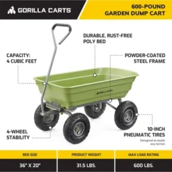 Gorilla Carts 600 Pound Capacity Heavy Duty Poly Yard Garden Steel Quick Dump Utility Wheelbarrow Wagon Trolley Cart With Straight Pull Handle, Green