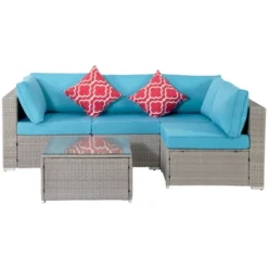 5pc Wicker Patio Seating Set With Cushions - Gray/Blue - GODEER -Garden & Outdoors GUEST 02f293ca 1e2d 463b 9308 dd6b9754edd7