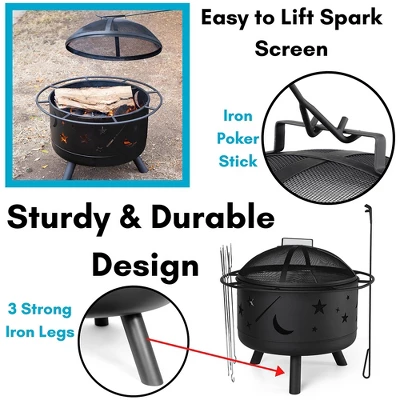 BIRDROCK HOME 30" Round Patio Fire Pit With Cover - Stars & Moon Pattern 2 BIRDROCK HOME 30" Round Patio Fire Pit With Cover - Stars & Moon Pattern - Image 2