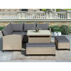 6pc Wicker Patio Set With Benches - Brown/Gray - GODEER -Garden & Outdoors GUEST 0ba53fd8 efdd 4623 85f8 bac8a0441e8e