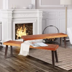 Costway Set Of 2 Patio Acacia Wood Dining Bench With Rustic Steel Legs Outdoor Indoor -Garden & Outdoors GUEST 0f9053e4 a831 4bfc 9155 694f393ac4d4