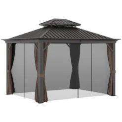 Outsunny Patio Gazebo 12' X 10', Netting & Curtains, Double Vented Steel Roof, Permanent Hardtop, Ceiling Hooks, Rust Proof Aluminum Frame, Dark Brown -Garden & Outdoors GUEST 11ffa2b0 0792 437f bc52 cf9b8d3defbb