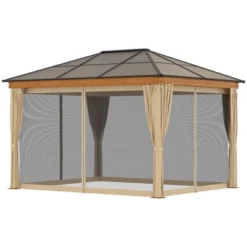 Outsunny 10' X 12' Hardtop Polycarbonate Gazebo Canopy, Aluminum Frame Pergola With Top Vent, Netting & Sidewalls For Garden, Patio, Khaki -Garden & Outdoors GUEST 122d5f9a ef67 4428 902d 48f90bab4573