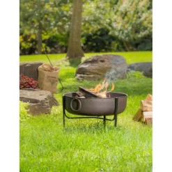Evergreen Fire Pit With Iron Loop Handles- 24.5 X 16.5 X 24.5 Inches Outdoor Safe And Weather Resistant With Log Grate And Poker