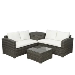 4pc Wicker Patio Conversation Set With Cushions - Gray/Beige - GODEER -Garden & Outdoors GUEST 182e5c94 c5f4 4eed 8f29 ec0c27b5439c