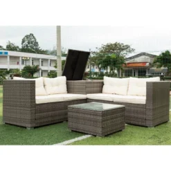 4pc Wicker Patio Sectional Seating Set With Cushions - Gray/Beige - GODEER -Garden & Outdoors GUEST 1d3297cc ed5e 41e8 b6c8 b27389ef99a6