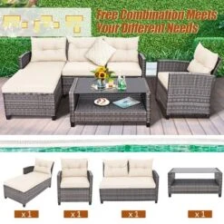 Costway 4PCS Patio Rattan Furniture Set Sofa Ottoman Cushion Garden Deck White/Gray -Garden & Outdoors GUEST 207caa44 3199 476e a9e4 007961b56af0