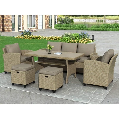 6pc Outdoor Wicker Conversation Set With Arm Chairs, Sofa, Ottomans & Coffee Table - Brown - GODEER 2 6pc Outdoor Wicker Conversation Set With Arm Chairs, Sofa, Ottomans & Coffee Table - Brown - GODEER - Image 2