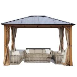 Aoodor Gazebo Polycarbonate Roof, Wooden Print Aluminum Frame With Mosquito Netting And Curtain -Garden & Outdoors GUEST 27ca5f56 ba5a 4ec7 ad74 ad8e20d0b858