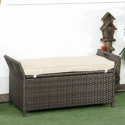 Outsunny Outdoor PE Rattan Two-In-One Storage Bench, Patio Wicker Large Capacity Footstool Rectangle Basket Box W/ Handles & Cushion 2 Outsunny Outdoor PE Rattan Two-In-One Storage Bench, Patio Wicker Large Capacity Footstool Rectangle Basket Box W/ Handles & Cushion - Image 2