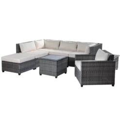8pc Wicker Patio Conversation Set With Cushions - Beige - GODEER -Garden & Outdoors GUEST 31a8ab53 c91b 4753 8c9f 8d016d7fbac4