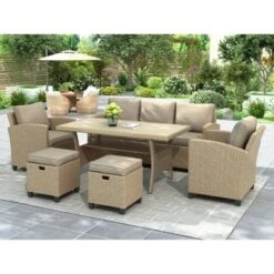 6pc Outdoor Wicker Conversation Set With Arm Chairs, Sofa, Ottomans & Coffee Table - Brown - GODEER 19 6pc Outdoor Wicker Conversation Set With Arm Chairs, Sofa, Ottomans & Coffee Table - Brown - GODEER -Garden & Outdoors GUEST 32350390 f05a 498b 833b 079d2641525a