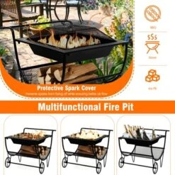 Tangkula 21.5" Fire Pit & Firewood Log Rack Outdoor Square Firepit & Firewood Holder With Spark Screen Rolling Wheels -Garden & Outdoors GUEST 3236704d be61 4f36 b2dc c63049781d19