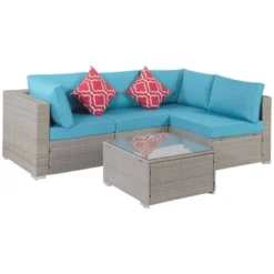5pc Wicker Patio Seating Set With Cushions - Gray/Blue - GODEER -Garden & Outdoors GUEST 3300c25d dfce 4b00 b9f9 0d3fc97720b5