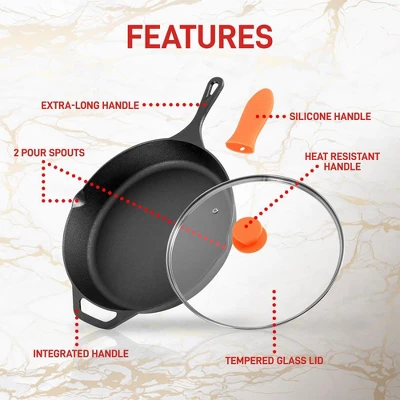 NutriChef NCCI12 12 Inch Pre Seasoned Nonstick Cast Iron Skillet Frying Pan Kitchen Cookware Set With Tempered Glass Lid And Silicone Handle Cover 2 NutriChef NCCI12 12 Inch Pre Seasoned Nonstick Cast Iron Skillet Frying Pan Kitchen Cookware Set With Tempered Glass Lid And Silicone Handle Cover - Image 2
