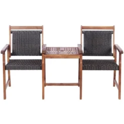 Costway 2-Seat Patio Rattan Bench Acacia Wood Frame Table W/Umbrella Hole Deck -Garden & Outdoors GUEST 398f82b9 00eb 4b96 8cea 56f461c3ae63
