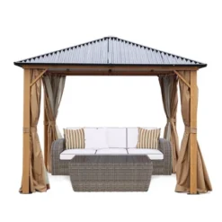 Aoodor Gazebo Polycarbonate Roof, Wooden Print Aluminum Frame With Mosquito Netting And Curtain -Garden & Outdoors GUEST 3c1e4eed 634a 4782 b9e4 5e3718ae644c