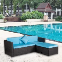 4pc Wicker Patio Sectional Seating Set With Cushions - Brown/Blue - GODEER -Garden & Outdoors GUEST 3f63acd8 18e3 42a0 ad4d f1ff0a7adc05