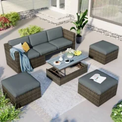 5pc Outdoor Wicker Conversations Set With Adjustable Sofa, Ottomans & Accent Table - Gray - GODEER