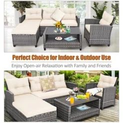 Costway 4PCS Patio Rattan Furniture Set Sofa Ottoman Cushion Garden Deck White/Gray -Garden & Outdoors GUEST 4248c117 6d9d 40ef 9ae1 afaed45f392e