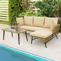 Costway 3 PCS L-Shaped Patio Sofa Set Conversation Furniture With Cushions Deck Garden Black/Beige -Garden & Outdoors GUEST 454ceabd 8267 4ed8 8d7b a33c9d00077b