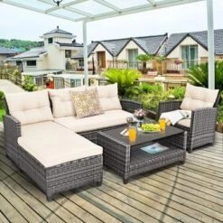 Costway 4PCS Patio Rattan Furniture Set Sofa Ottoman Cushion Garden Deck White/Gray -Garden & Outdoors GUEST 4850bb42 a9a7 4f16 8716 be978e7641f3
