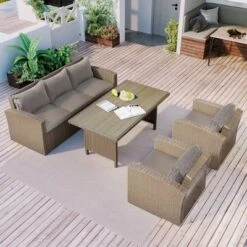 4pc Outdoor Wicker Conversation Set With Cushions - Gray - GODEER -Garden & Outdoors GUEST 4973a5a9 d9e7 450c 8d11 005808abce88