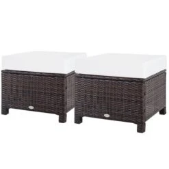 Outsunny 2 Pc 20" Outdoor PE Rattan Wicker Ottoman, Fade-Resistant Patio Footrest With Soft Cushion, Steel Frame, Dark Brown, White -Garden & Outdoors GUEST 4ae39110 d32d 4980 b7a0 be5228e84fd9