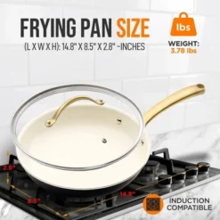 NutriChef 8” Fry Pan With Lid - Small Skillet Nonstick Frying Pan With Golden Titanium Coated Silicone Handle, Ceramic Coating