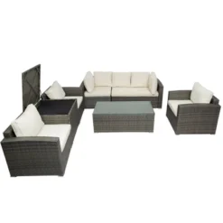 7pc Wicker Patio Set With Cushions & Storage Box - Gray/Beige - GODEER -Garden & Outdoors GUEST 4e9735ad 1acc 43a2 9f04 d63171024342
