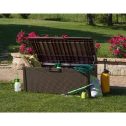 Toomax Santorini Plus Lockable Deck Storage Box Bench For Outdoor Pool Patio Garden Furniture & Indoor Toy Bin Container, 145 Gallon (Brown) -Garden & Outdoors GUEST 54e0ef1e 5c30 4507 bc63 27c07153d04a