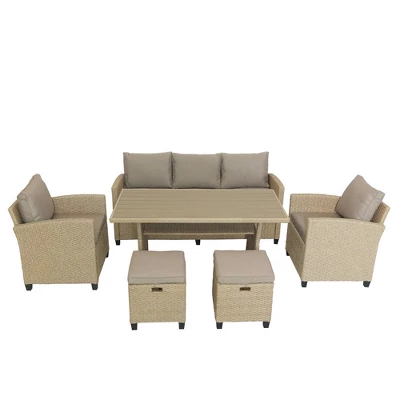 6pc Outdoor Wicker Conversation Set With Arm Chairs, Sofa, Ottomans & Coffee Table - Brown - GODEER 5 6pc Outdoor Wicker Conversation Set With Arm Chairs, Sofa, Ottomans & Coffee Table - Brown - GODEER - Image 5