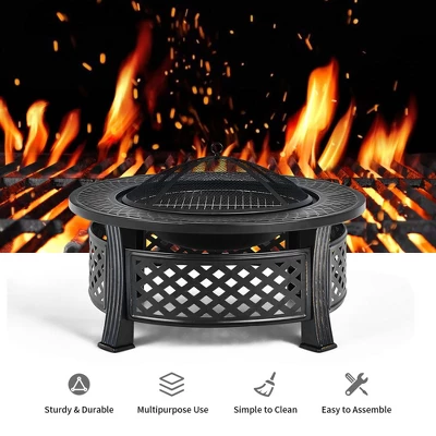 Costway 32'' Round Fire Pit Set W/ Rain Cover BBQ Grill Log Grate Poker 8 Costway 32'' Round Fire Pit Set W/ Rain Cover BBQ Grill Log Grate Poker - Image 8