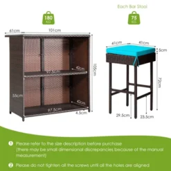 Tangkula 3PCS Patio Wicker Rattan Bar Set Table W/2 Turquoise Cushioned Stools -Garden & Outdoors GUEST 5c54ae17 d0db 4969 adc2 5e598a2513ba