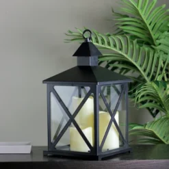 Northlight 12.5" Black Candle Lantern With 3 Flameless LED Candles