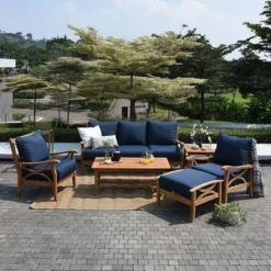 Abbington Teak Patio Ottoman With Cushion - Navy - Cambridge Casual