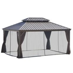 Outsunny Patio Gazebo 15.9' X 12', Netting & Curtains, 2 Tier Double Vented Steel Roof, Hardtop, Ceiling Hooks, Rust Proof Aluminum, Brown -Garden & Outdoors GUEST 621d5c34 5ae1 46f4 beef 125dc49a3540