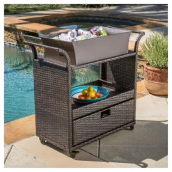 Ravenna Wicker Patio Bar Cart With Ice Bin - Brown - Christopher Knight Home