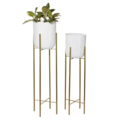 Set Of 2 Tall Planters With Metal Stand White/Gold - CosmoLiving By Cosmopolitan