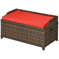 Outsunny Patio Wicker Storage Bench, Cushioned Outdoor PE Rattan Patio Furniture, Assisted Easy Open, Two-In-One Seat Box With Handles Seat, Red -Garden & Outdoors GUEST 66b7b1cc d4d6 4f5f 859c 5dba2fa9fa58
