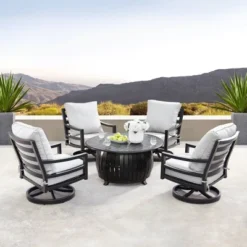 Oakland Living 5pc Deep Seating Aluminum Outdoor Patio Fire Pit Dining Set With Stripe Pattern Fire Table Copper/Gray