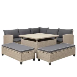 6pc Wicker Patio Set With Benches - Brown/Gray - GODEER -Garden & Outdoors GUEST 6e661c15 7650 4090 987d 681896c146ea