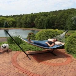 Sunnydaze Decor Sunnydaze 2-Person Outdoor Quilted Fabric Hammock With Spreader Bars With Freestanding Stand And Detachable Pillow - 350 Lb Capacity - Tidal Wave -Garden & Outdoors GUEST 6ea4480b a311 4289 ad0b 855046d35141