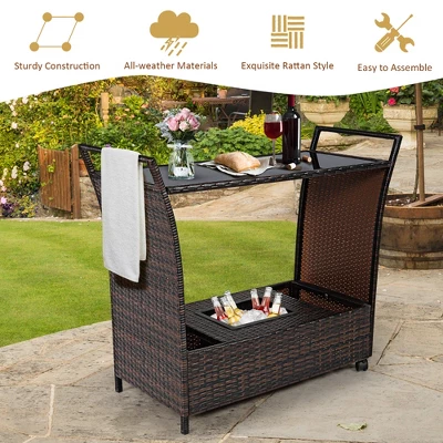 Costway Patio Rattan Bar Serving Cart Wheels Ice Bucket Glass Top Handle Garden 5 Costway Patio Rattan Bar Serving Cart Wheels Ice Bucket Glass Top Handle Garden - Image 5