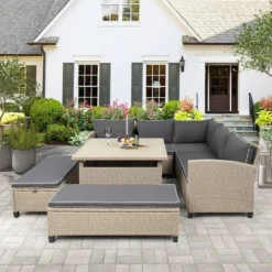 6pc Wicker Patio Set With Benches - Brown/Gray - GODEER