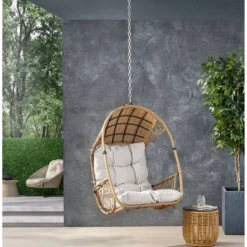 Greystone Indoor/Outdoor Wicker Hanging Chair With 8' Chain - Light Brown/Beige - Christopher Knight Home
