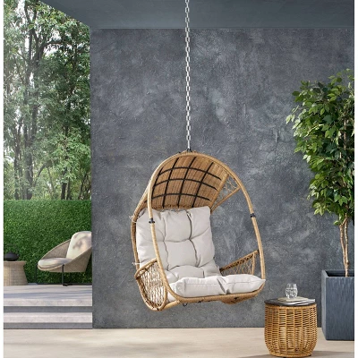 Greystone Indoor/Outdoor Wicker Hanging Chair With 8' Chain - Light Brown/Beige - Christopher Knight Home 1 Greystone Indoor/Outdoor Wicker Hanging Chair With 8' Chain - Light Brown/Beige - Christopher Knight Home