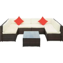 7pc Wicker Patio Sofa Set With Cushions - Brown/Beige - GODEER -Garden & Outdoors GUEST 7c1a4e8e e714 49d4 9a09 20c11530a257