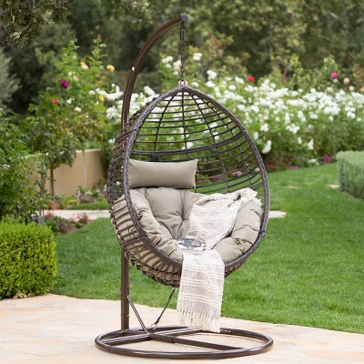 Layla Indoor/Outdoor Hanging Basket Chair - Brown/Khaki - Christopher Knight Home 1 Layla Indoor/Outdoor Hanging Basket Chair - Brown/Khaki - Christopher Knight Home